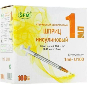 Сфм шприц инсулиновый u-100 1мл №1 3-х ком. съем. игла 26g 0,45 х12,0мм
