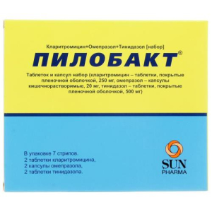 Пилобакт таблеток и капсул набор №42 (6х7) /в стрипе-омепразол капс 20мг-2шт, тинидазол таб п/п/о 500мг-2 шт, кларитромицин таб п/п/о 250мг-2 шт/
