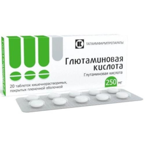 Глютаминовая кислота таблетки кишечнорастворимые покрытые пленочной оболочкой 250мг №20