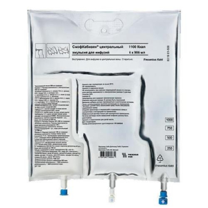 Смофкабивен центральный эмульсия для инфузий 1970мл №4 1 камера: раствор аминокислот с электролитами (1000 мл), 2 камера: 42% раствор декстрозы (595 м