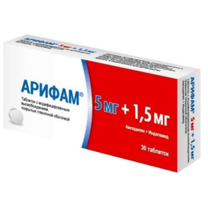 Арифам таблетки с модифицированным высвобождением, покрытые пленочной оболочкой 5мг + 1.5мг №30  Арифам таблетки с модифицированным высвобождением, покрытые пленочной оболочкой 5мг + 1.5мг №30