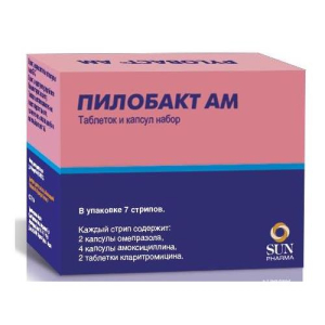 Пилобакт ам таблеток и капсул набор №56 (7х8) /в стрипе-кларитромицин таб п/п/о 500мг-2шт, амоксициллин капс 500мг-4шт, омепразол капс к/р 20мг-2 шт/