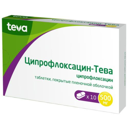 Ципрофлоксацин-тева таблетки покрытые пленочной оболочкой 500мг №10